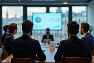 Événement de formation digitale pour PME parisiennes dans une salle de conférence moderne avec vue sur Paris