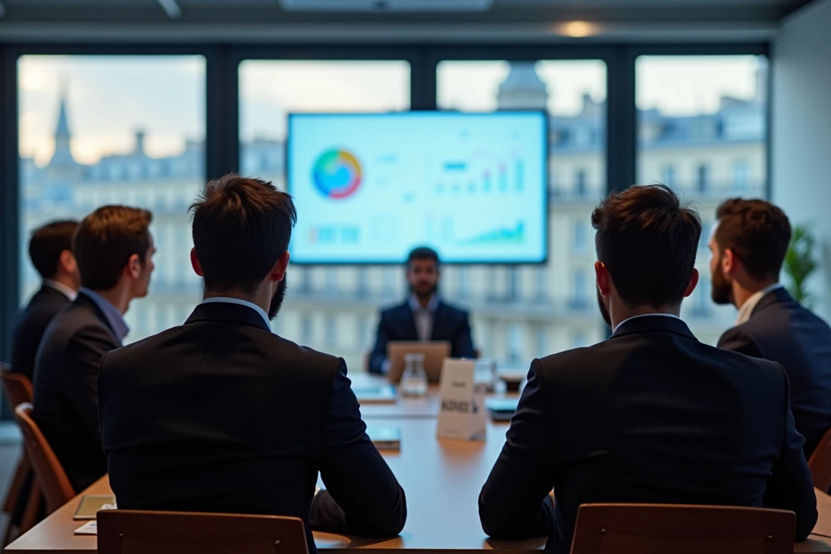 Événement de formation digitale pour PME parisiennes dans une salle de conférence moderne avec vue sur Paris