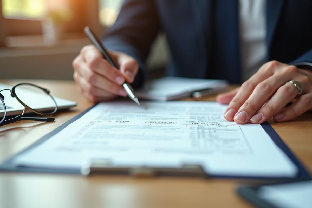 Mains examinant un document officiel sur une table en bois