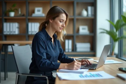Femme d'affaires en revue de graphiques au bureau