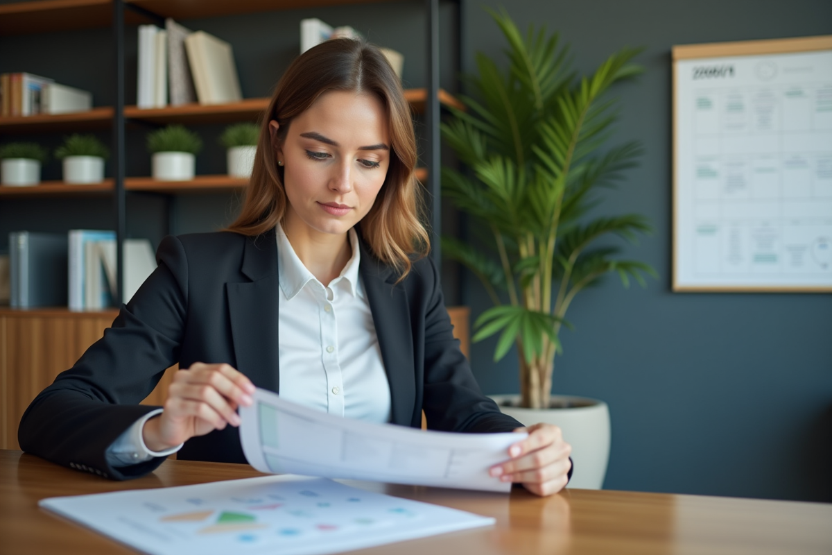 Femme d affaires en réunion d entreprise avec plan marketing