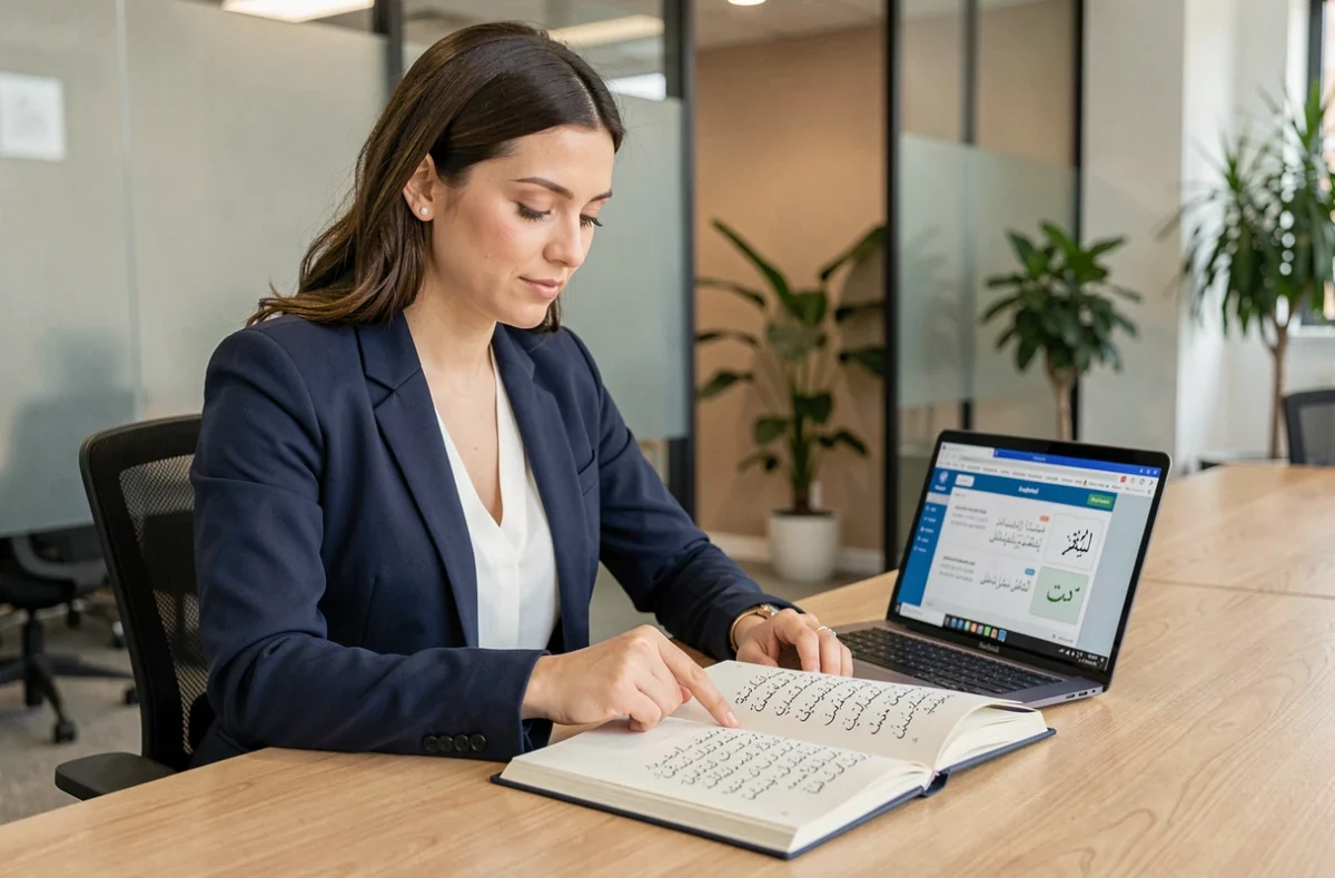 Femme professionnelle apprenant l'arabe sur un manuel dans un bureau moderne, illustrant les compétences linguistiques pour le travail en 2026