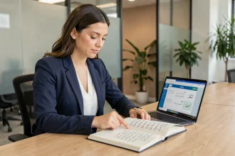 Femme professionnelle apprenant l'arabe sur un manuel dans un bureau moderne, illustrant les compétences linguistiques pour le travail en 2026