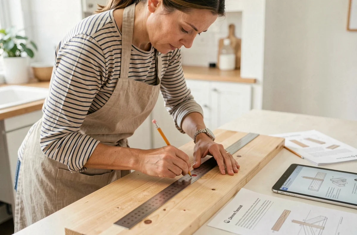 Femme débutante en menuiserie prenant des mesures sur une planche en bois chez elle avec un cours en ligne