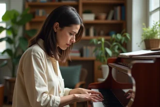 Femme apprenant les accords de piano dans un salon chaleureux, les doigts posés sur le clavier