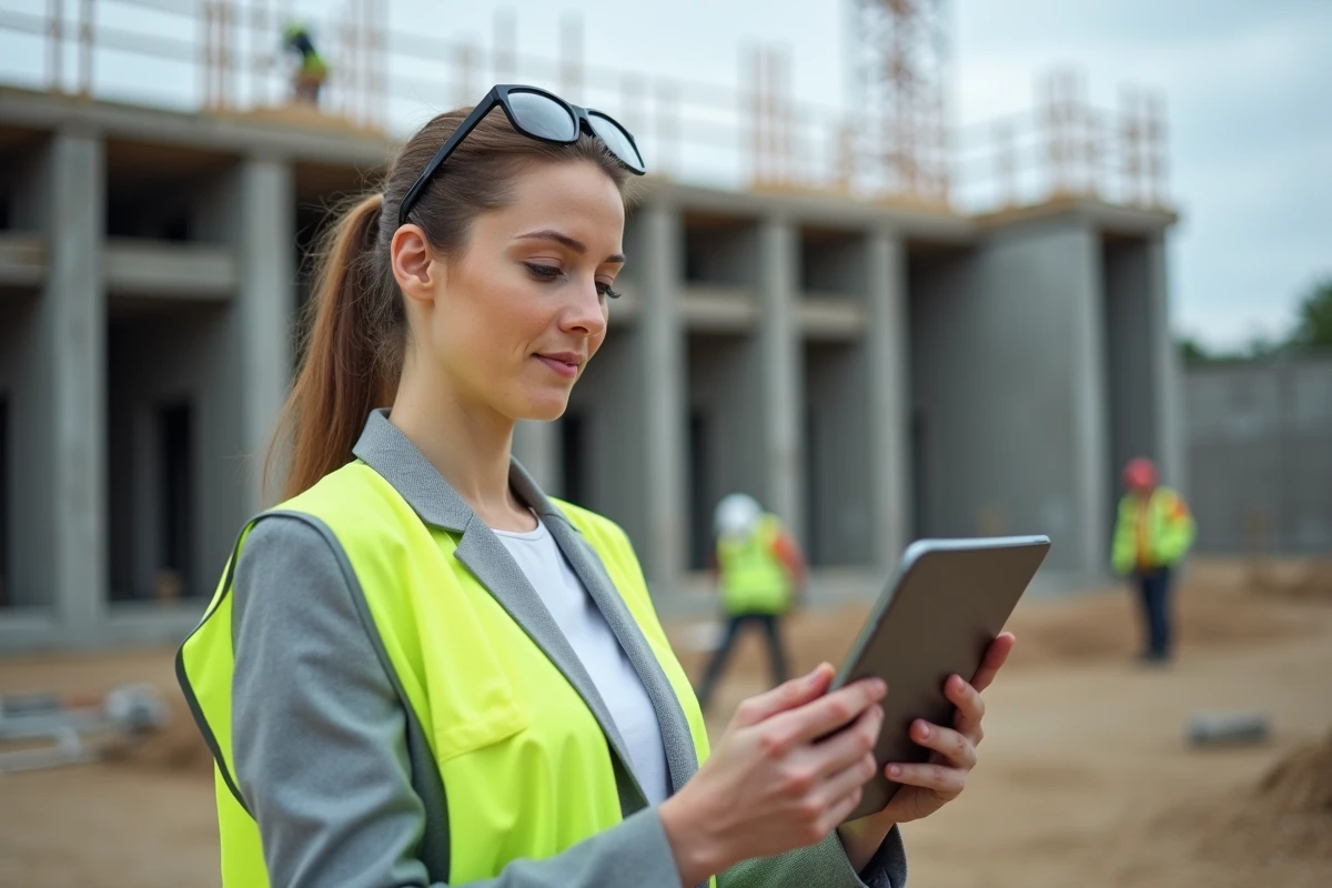 Femme professionnelle du bâtiment consultant une formation en ligne CPF sur tablette sur un chantier de construction