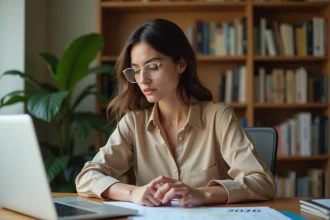 Femme consultant des documents sur le prix de l'ACACED avec un calendrier 2026 affiché sur son ordinateur portable dans un bureau à domicile