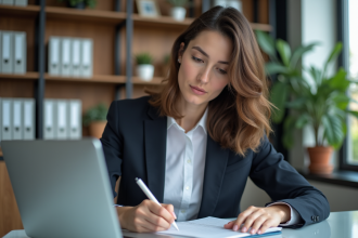 Femme au bureau en tenue professionnelle concentrée