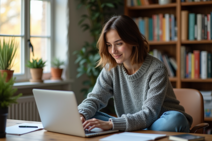 Femme concentr&eacute;e travaillant sur son ordinateur dans un bureau cosy