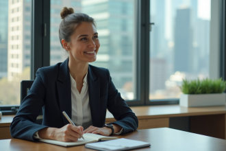 Femme en blazer écrivant dans un bureau moderne