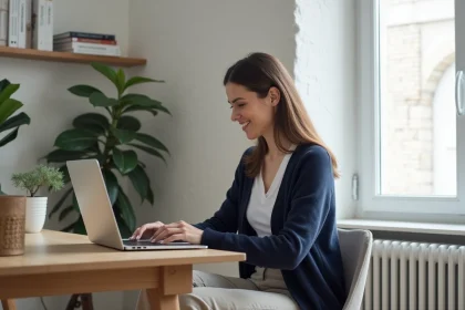 Femme assise &agrave; un bureau moderne travaillant sur son ordinateur