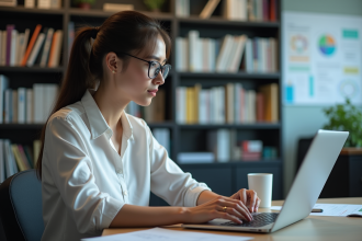 Jeune femme au bureau utilisant un logiciel LCMS