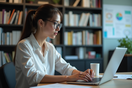 Jeune femme au bureau utilisant un logiciel LCMS