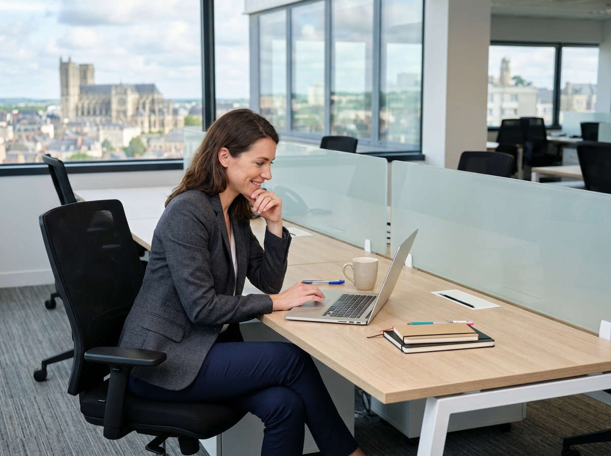 Femme en blazer au bureau avec vue sur Le Mans