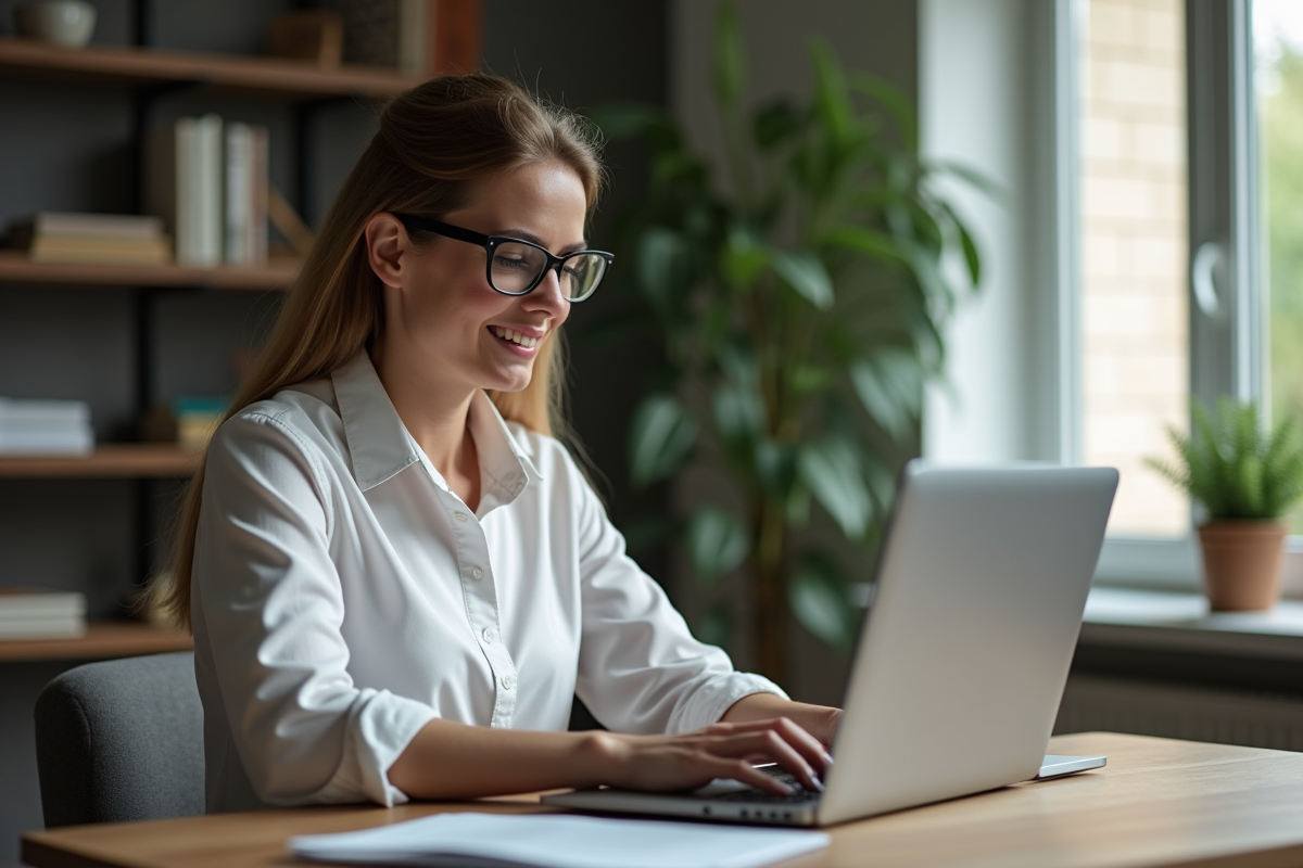 Femme en bureau à domicile vérifiant un site officiel