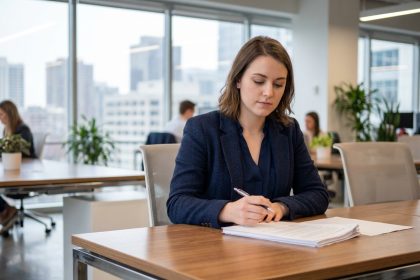 Jeune femme en tenue de bureau moderne dans un espace lumineux