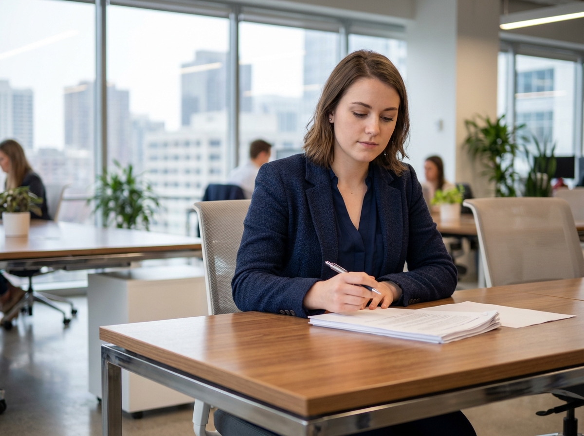 Jeune femme en tenue de bureau moderne dans un espace lumineux