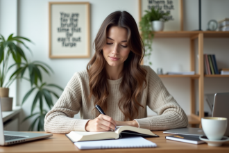Jeune femme en bureau moderne écrivant dans un journal