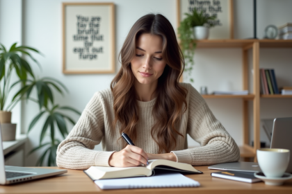 Jeune femme en bureau moderne écrivant dans un journal