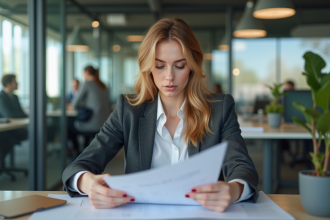 Femme en tenue professionnelle analysant un rapport au bureau
