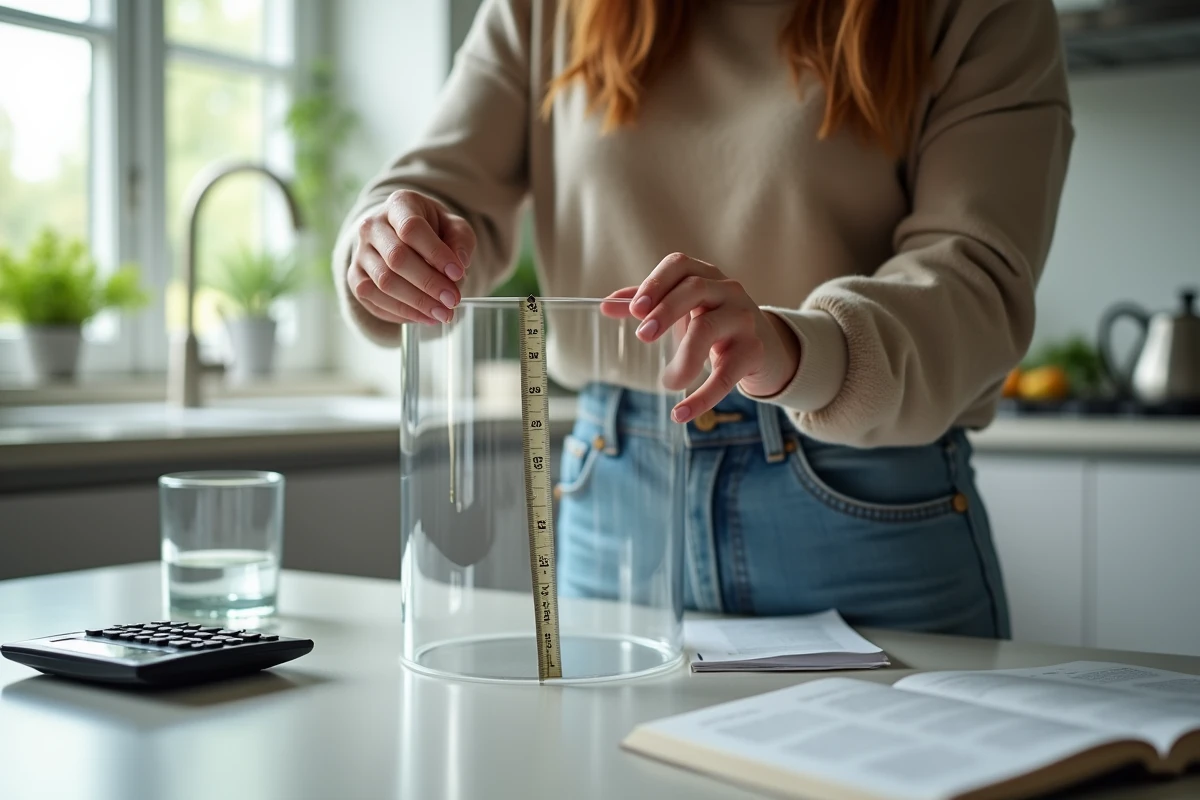 Femme calculant le volume d un cylindre en cuisine