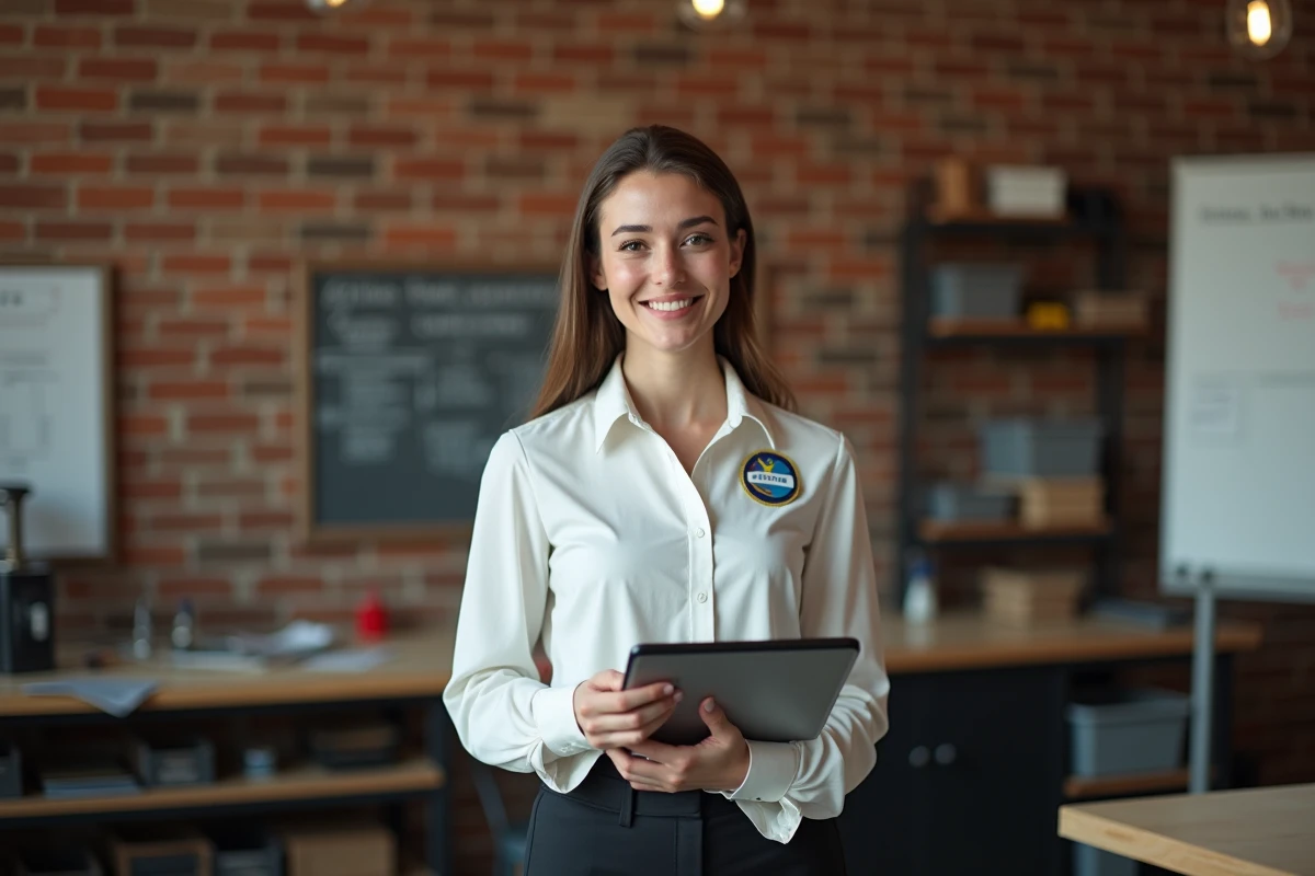 Jeune femme confiante tenant une tablette avec une certification dans un atelier professionnel, symbole d'un métier bien payé accessible sans diplôme grâce à la formation