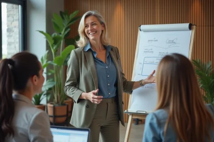 Femme confiante en r&eacute;union d'&eacute;quipe en entreprise