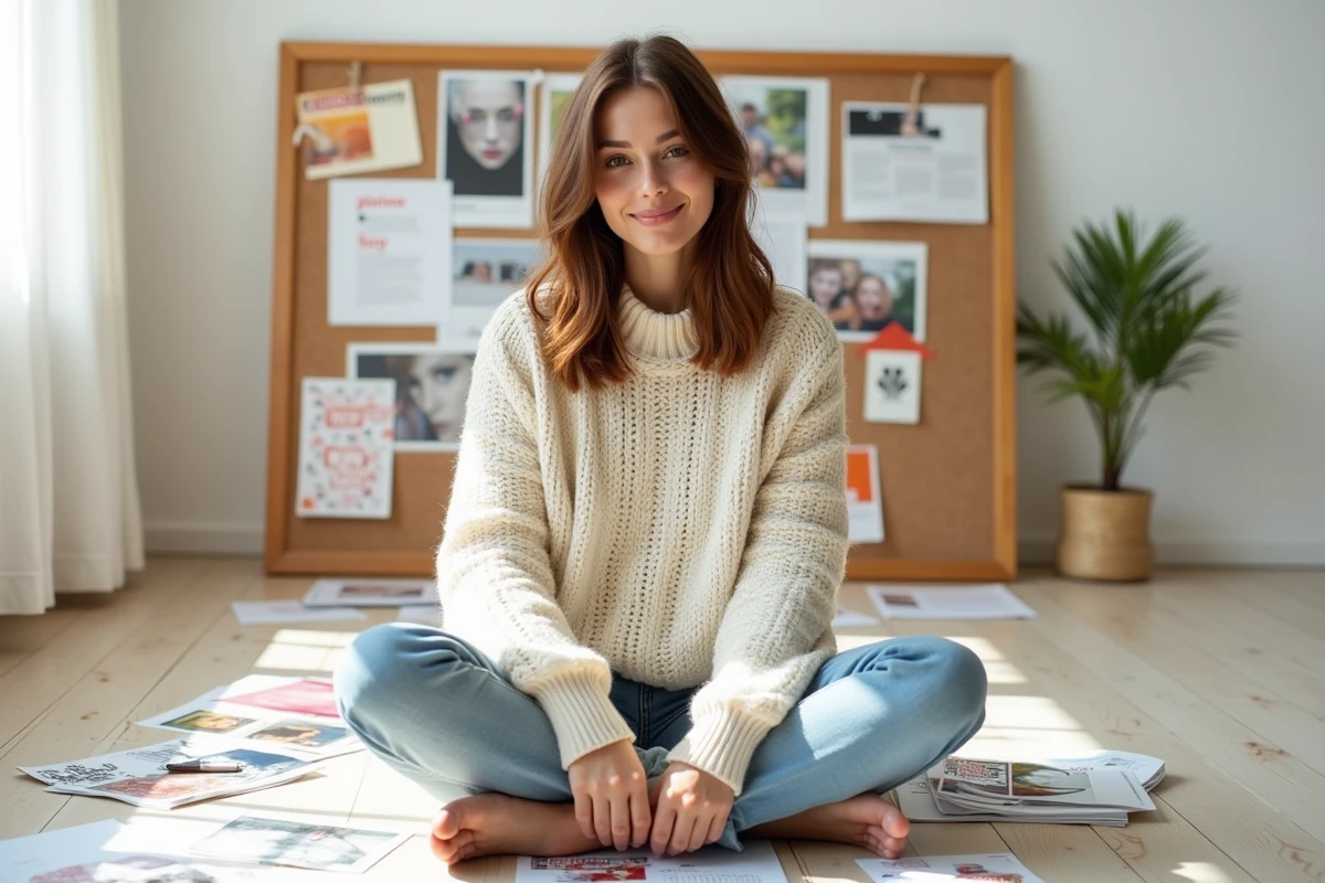 Femme créant un vision board motivant entourée de photos et de citations inspirantes sur le sol