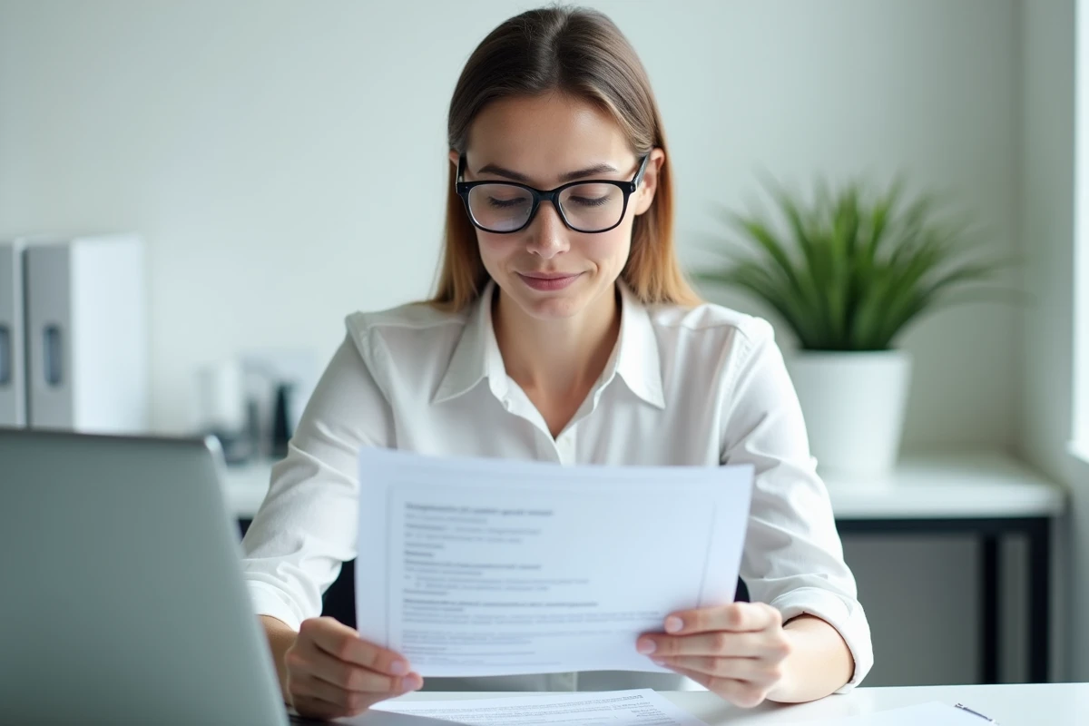 Femme adulte vérifiant ses documents d'inscription sur Cyclades dans un bureau professionnel et organisé