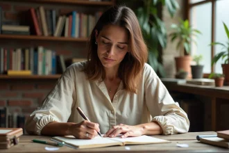Femme écrivaine assise à un bureau en bois avec un carnet ouvert et des feuilles manuscrites, dans un atelier d'écriture cosy aux murs en briques