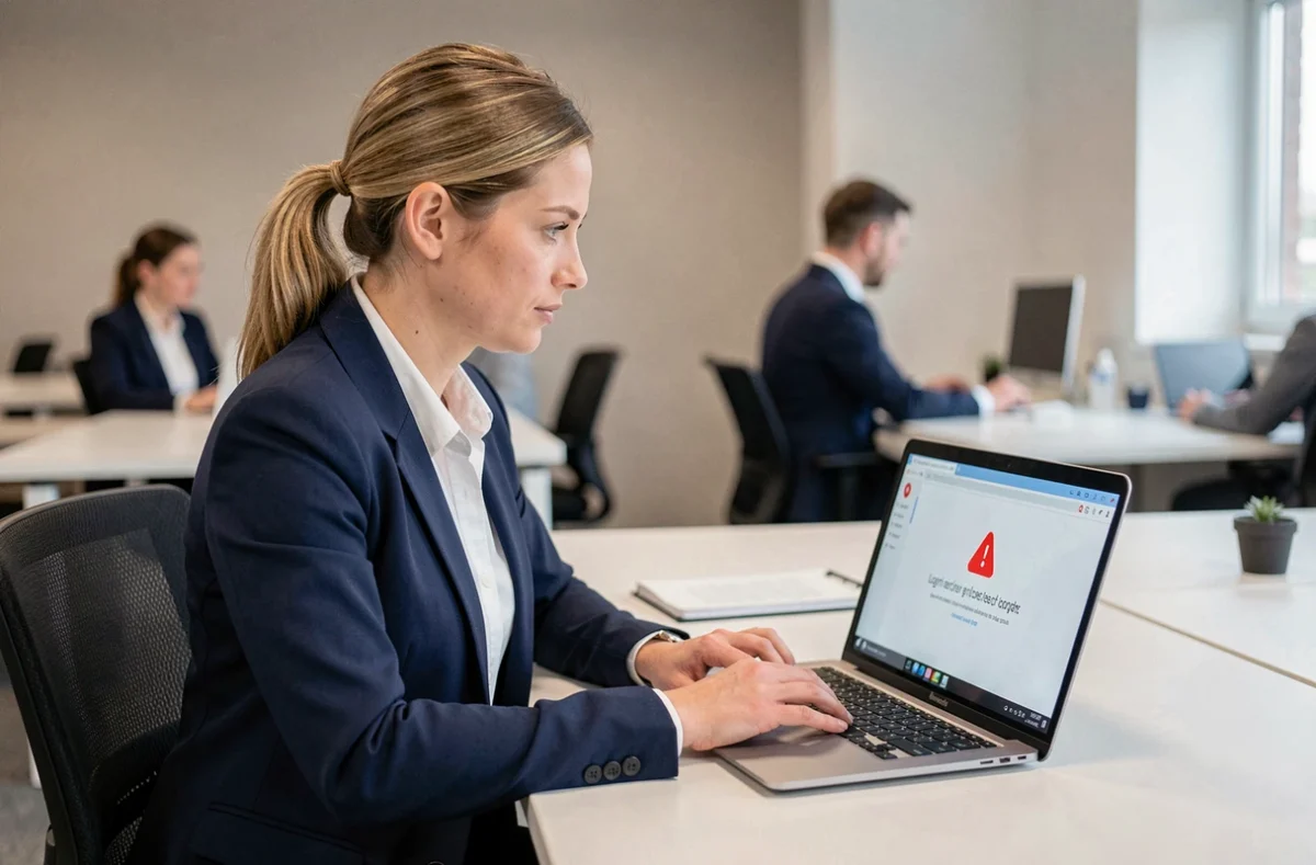 Femme en bureau regardant un écran d'ordinateur affichant une erreur de connexion sur un extranet professionnel