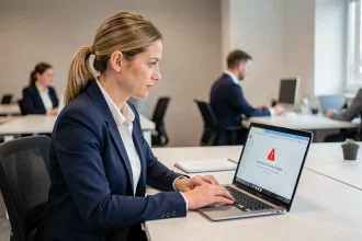 Femme en bureau regardant un écran d'ordinateur affichant une erreur de connexion sur un extranet professionnel