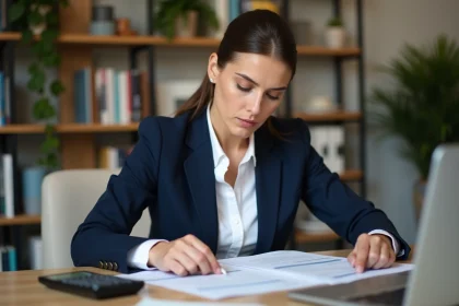 Femme d'&acirc;ge moyen en costume bleu dans un bureau moderne