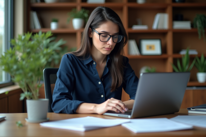 Femme concentr&eacute;e &agrave; son bureau lors d'une formation professionnelle