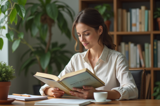 Femme lisant un livre de santé naturelle dans un bureau moderne