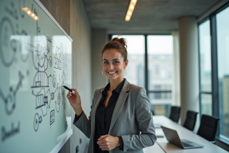 Femme en business casual esquissant des idées innovantes