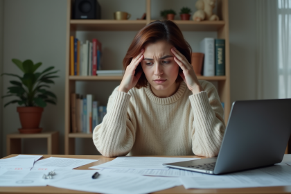 Femme inquiète avec papiers sur un bureau intérieur