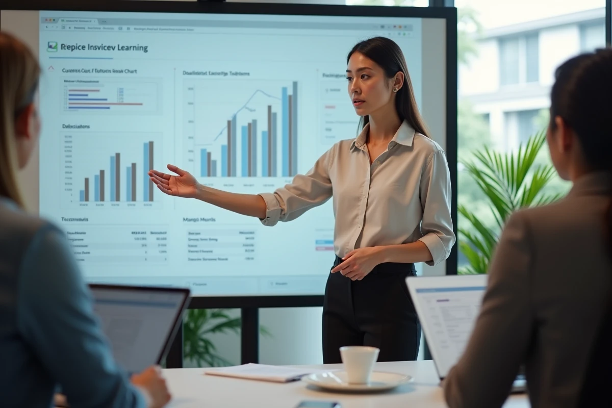 Jeune femme présentant devant un tableau digital en réunion