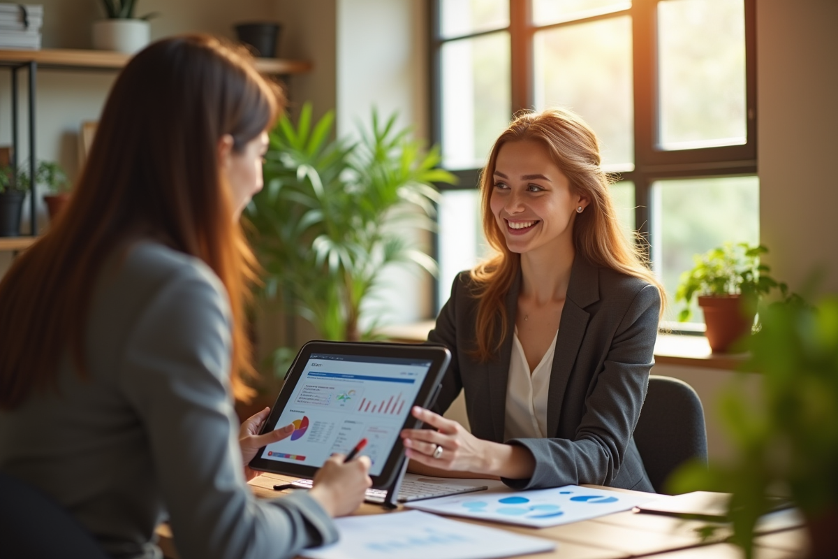 Femme confiante montrant son portfolio digital à un mentor