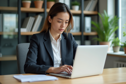 Femme d'affaires concentr&eacute;e dans un bureau moderne