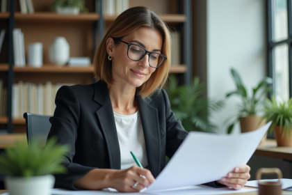 Femme en tenue professionnelle dans un bureau moderne