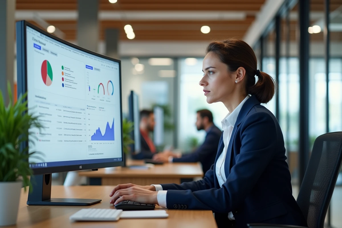 Femme professionnelle utilisant un logiciel emailing intégré à un CRM sur son ordinateur de bureau en open space