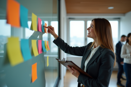 Femme professionnelle pointant un tableau avec les 10 Ps