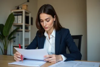 Femme professionnelle relisant et corrigeant son CV suisse imprimé à son bureau avec un stylo rouge