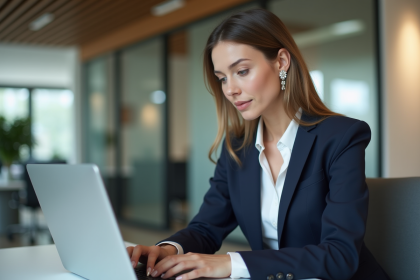 Femme en bureau révisant son CV sur un ordinateur