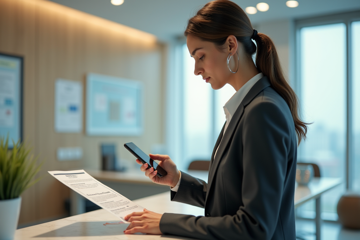 Femme scannant un certificat avec son smartphone