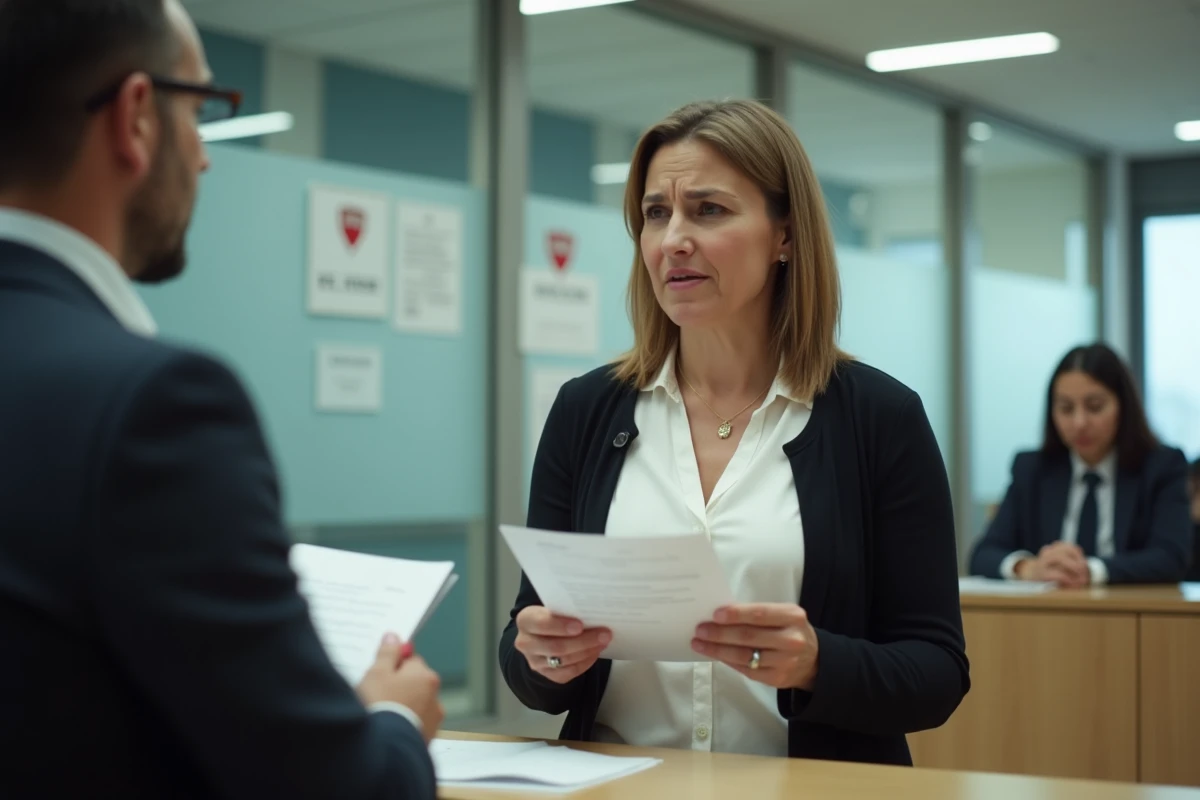 Femme devant un comptoir de service public avec documents