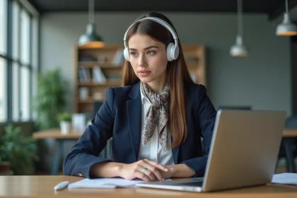 Jeune femme professionnelle concentr&eacute;e sur son ordinateur en bureau