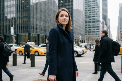 Jeune femme en manteau navy avec valise dans la ville
