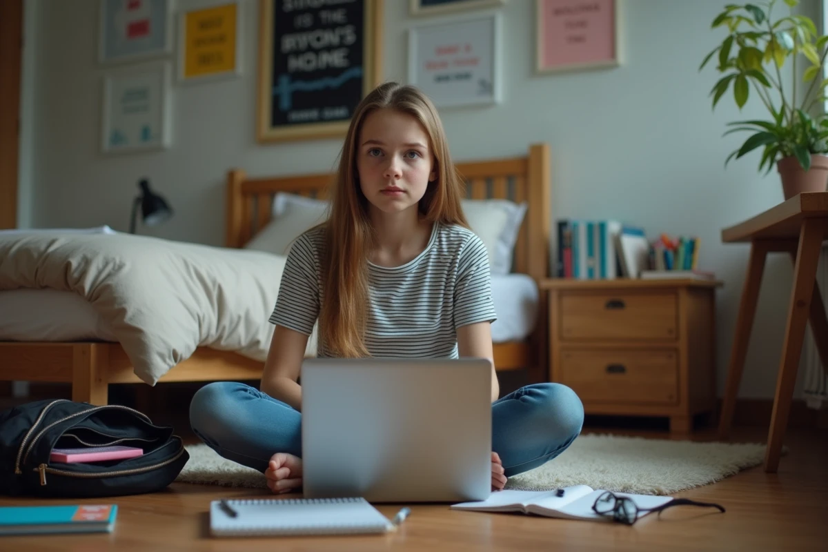 Fille étudiante sur son lit avec ordinateur et notes